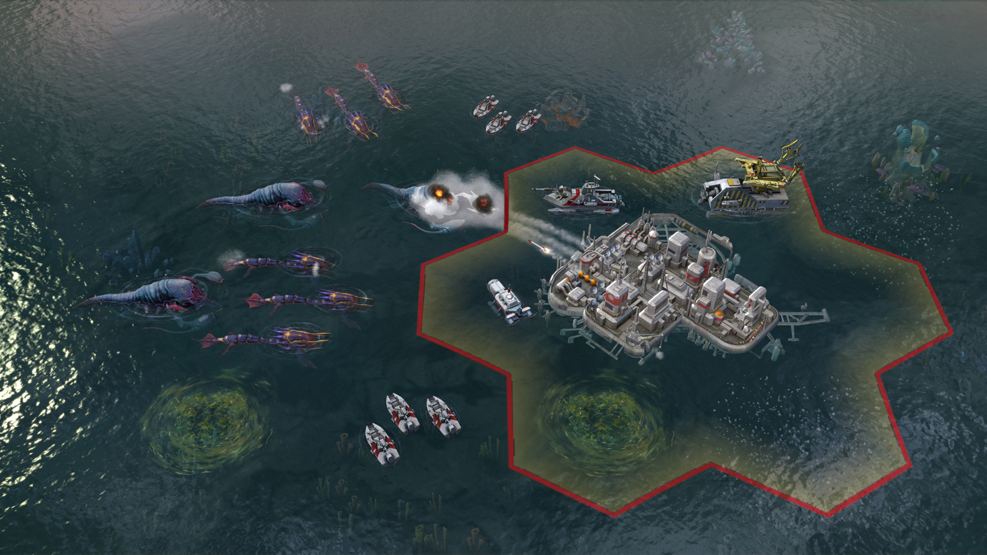 Zwei Patroullienboote flankieren die Aliens zur Verteidigung der schwimmenden Festung. Quelle 2K